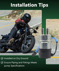 Image of Easy Swap Inline Fuel Pump 12V for Honda Shadow VT750 and CBR600F with installation tips and motorcycle background.