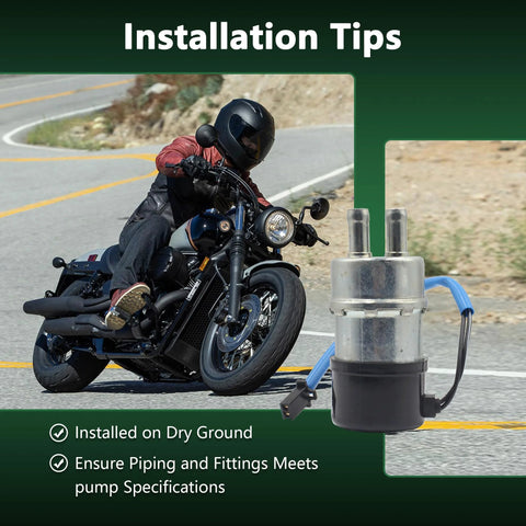 Image of Easy Swap Inline Fuel Pump 12V for Honda Shadow VT750 and CBR600F with installation tips and motorcycle background.