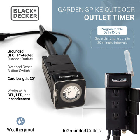 Tough As Nails Garden Timer Stake With 6 Grounded Outlets Waterproof Timer for outdoor lights with cord, GFCI outlets