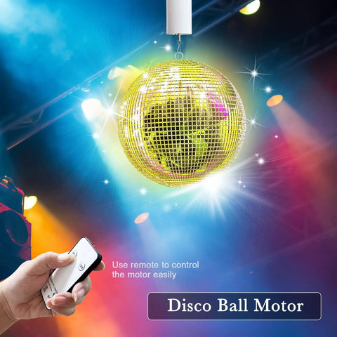 Disco Ball Motor With Dope Remote Control, Battery Powered Spinner For Hanging Displays, Wind Spinners, Spiral Tails, Sun Catchers, Garden Decor, Patio Yard Ornament, Easy Setup, 10 RPM, white motor holding gold disco ball