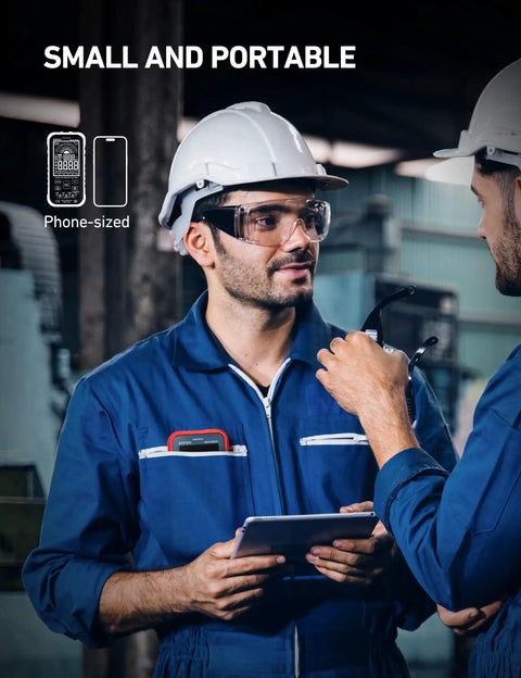 Two technicians with Auto Ranging Digital Multimeter With 10000 Counts TRMS Color LCD Screen Measures Voltage Current Resistance Capacitance
