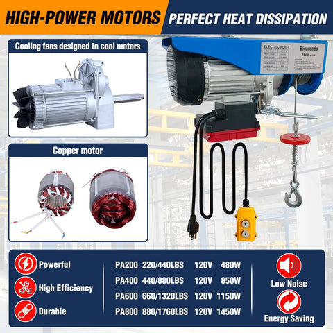 1760 Lb Heavy Duty Electric Hoist With Remote And Wired Control 2 In 1 Lift 110V with high-power motor and cooling fans