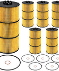 Oil Filter 6 Pack Fits Freightliner Cascadia 114SD 122SD And Western Star 4700SB 4700SF 4900FA 2009 To 2020 Go To Replacement P551005 A4721800109 P7505 57909 High Efficiency Filtration For Clean Engine Performance And Long Life, showing six yellow filters with O-rings and gaskets