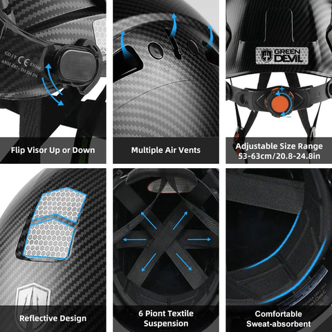 Top Shelf Vented Hard Hat Featuring Bluetooth Hearing Protection And Dual Layer Drop Down Visor For Hella Rugged Construction Sites And Outdoor Forestry Storage Bag showing adjustable size and multiple air vents.