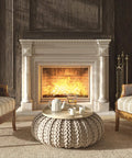 Elegant living room with lit fireplace, cozy armchairs, and decorative round table. Copper Reflective Fire Glass 10 Lbs For Propane Fire Pit One Half Inch Sparkly Fireplace Glass Rocks For Fire Pits And Tables With A Lit Multicolor Shine In Daylight Mesmerizing Fire Light At Night.