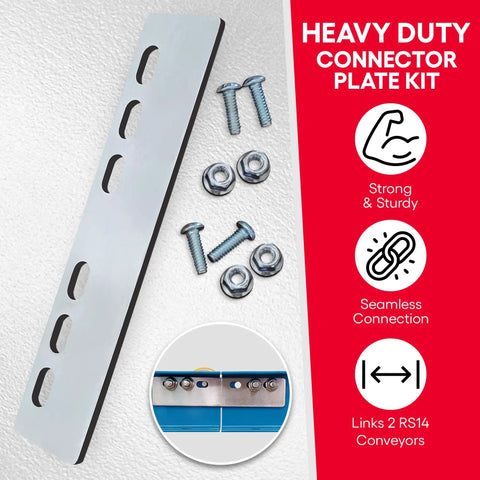 RS14 Conveyor Connector Plate Kit With 2 Steel Plates Zinc Plated Screws And Lock Nuts Heavy Duty Support shown with assembled detail.