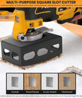 Drywall outlet cutter tool, black square-slot cutter for oscillating tools; cuts drywall, wood, acrylic, fiberboard.