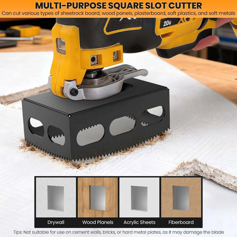 Drywall outlet cutter tool, black square-slot cutter for oscillating tools; cuts drywall, wood, acrylic, fiberboard.