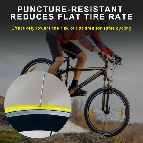 Cyclist on mountain bike, TPU Inner Tube With Metal Presta Valve For Gravel Road And MTB Bikes, close-up of tire and valve detail