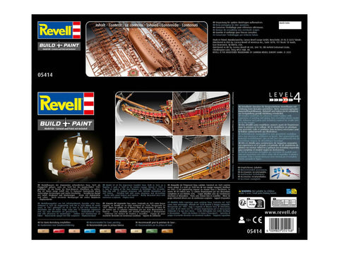 Box detail of Vasa 1628 Ship Model Kit 05414, showing warship replica design and assembly instructions.