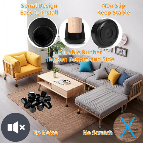 Heavy Duty Rubber Chair Leg Tips With One Inch Interior Non Slip Floor Protectors on furniture legs in a living room setting.