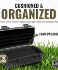 Rugged Waterproof Case With Airtight Gasket Seal And Foam Interior, open to show foam padding, black color, outdoor setting