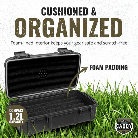 Rugged Waterproof Case With Airtight Gasket Seal And Foam Interior, open to show foam padding, black color, outdoor setting