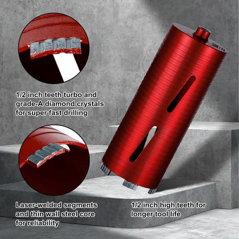 Front view of SALI red diamond core drill bit, 2.5 inch diameter, 5/8-11 thread, laser-welded segments.