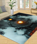 Vintage Steam Train Area Rug With Locomotive Engine Design in living room, showing vibrant steam and engine details, 4 by 5 ft.