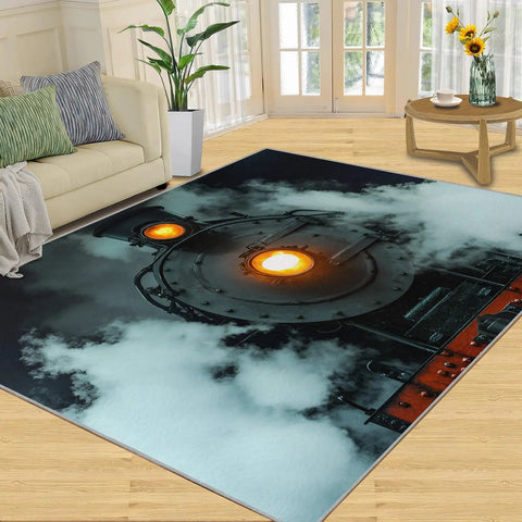 Steam Train Area Rug With Locomotive Engine Design, Retro Industrial Floor Mat in living room, home decor, 8 by 10 feet