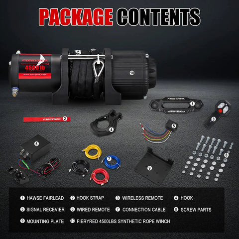 12V Electric Winch With Synthetic Rope 4500Lbs Wireless Towing Kit Package Contents