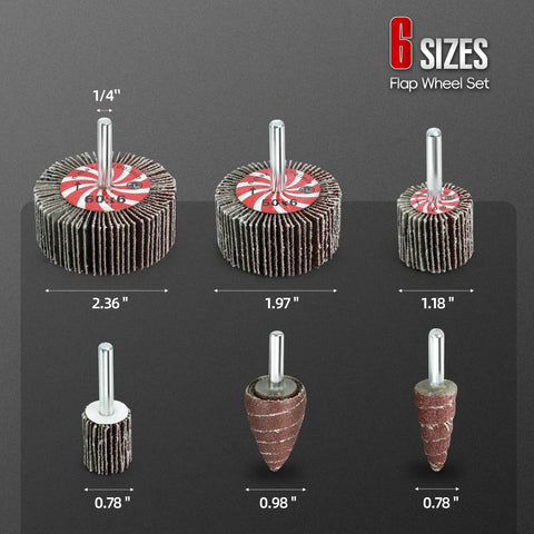 20 Pcs Flap Wheel Set For Drill And Die Grinder With Six Sizes And 60 80 120 240 Grit One Quarter Inch Shank Abrasive Flap Wheels.