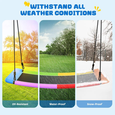 700 Pound Capacity Giant 60 Inch Skycurve Platform Tree Swing for Kids and Adults in rainbow design in various weather conditions.