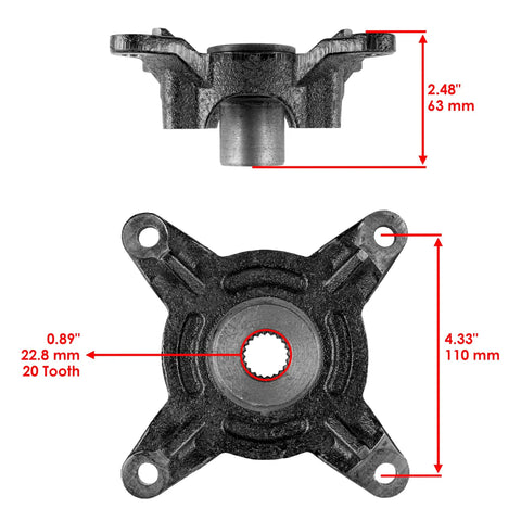 Front Left And Right Wheel Hub With Bearings And Complete Hardware Kit For Polaris Ranger 700, top and bottom views, showing dimensions.