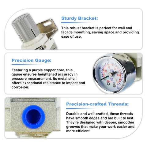 EcuoPix AR2000-02 air regulator with 1/4 inch port, 0-150 PSI gauge and mounting bracket