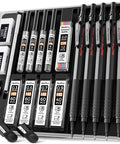 Metal Mechanical Drafting Pencil Set For Sketching And Drawing, Five Pencils With 0.3 0.5 0.7 0.9 And 2.0 mm Leads, Includes Graphite Lead Refills, Erasers, Case, And Color Lead Tubes For Artists And Students, Pro Grade.