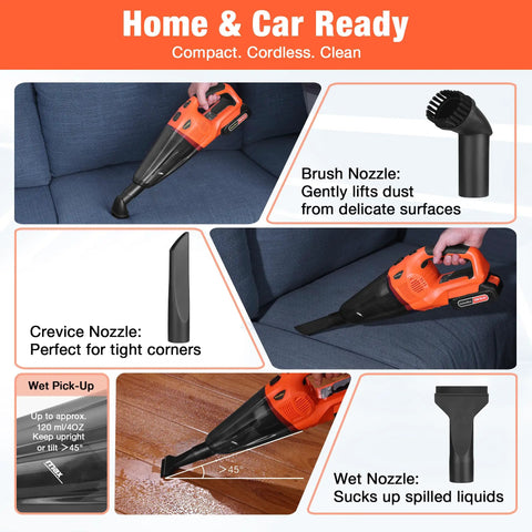 Grab And Go Cordless Handheld Vacuum With 20V Rechargeable Battery And Wet Dry Suction Handles Pet Hair Car Interiors And Quick Kitchen Spills No Sweat At All with brush and crevice nozzles for versatile use