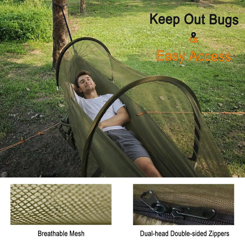 Two In One Pop Up Hammock Tent With Mosquito Net For One Person with a breathable mesh and dual zippered easy access in a grassy area.