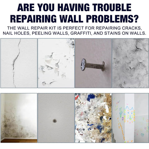 Examples of wall damage including cracks, nail holes, and graffiti suitable for Two Piece Drywall Repair Kit With Wall Patch Paste Scraper And Sandpaper Quick Crack Filler DIY Home Fix Patch Paste Repair Kit For Plaster Walls Mending Agent For Seamless Repairs.