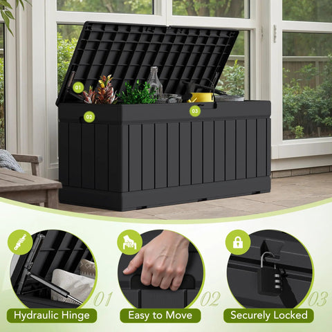 78 Gallon Waterproof Resin Deck Box With Lockable Bench No Fuss Outdoor Storage for garden tools and patio furniture, black resin with rattan pattern, lid open showing plants and decor inside.