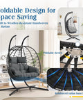 Two Person Foldable Hanging Egg Chair With Stand For Indoor Outdoor Use Wicker Porch Swing Chair Heavy Duty Rattan Hammock Loveseat With Cushions