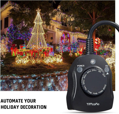 Heavy Duty Outdoor Christmas Light Timer Featuring Dusk to Dawn Sensor Technology and All Weather Waterproof Construction Hella Snug Fit 2 Grounded Outlets Rated at 15 Amps plus Half HP Draw Adjustable Countdown Modes 2 Pack Set for Holiday Decor with illuminated lights in background.