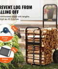 Heavy Duty Log Cart Built Tough For Firewood Up To 250 Lbs With Pneumatic Wheels And Elevated Guardrails Indoor Outdoor Wood Rack Carrier Steel Dolly Hauler For Fireplace Or Fire Pit Rust Resistant Black Finish loaded with firewood, secured with bungee cord.