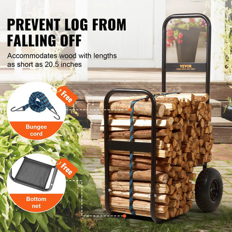 Heavy Duty Log Cart Built Tough For Firewood Up To 250 Lbs With Pneumatic Wheels And Elevated Guardrails Indoor Outdoor Wood Rack Carrier Steel Dolly Hauler For Fireplace Or Fire Pit Rust Resistant Black Finish loaded with firewood, secured with bungee cord.