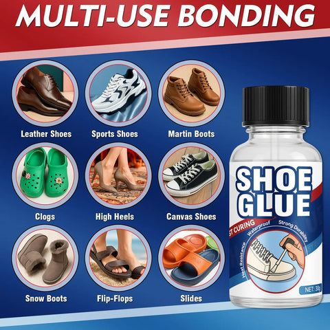 Clear Shoe Repair Glue 30ml Waterproof Adhesive for Boots Sneakers Heels Hiking Shoes and Leather Industrial Grade Bond That Fixes Cracks Debond and Loose Soles Fast bottle with shoe types suitable for repair visible.