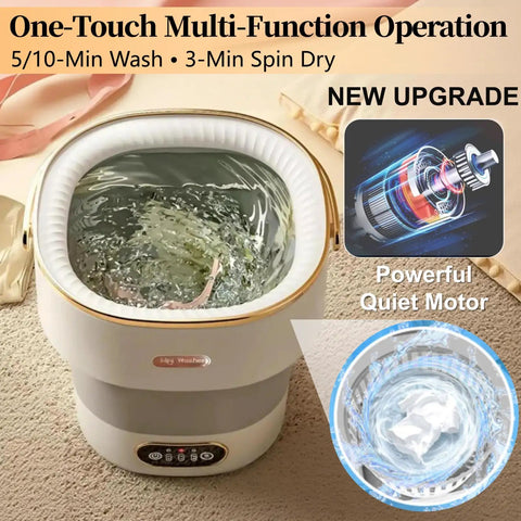 No Sweat Portable Washing Machine With Heavy Duty Spin Basket And 20 Liter Foldable Design showing water in a compact washer with digital controls.