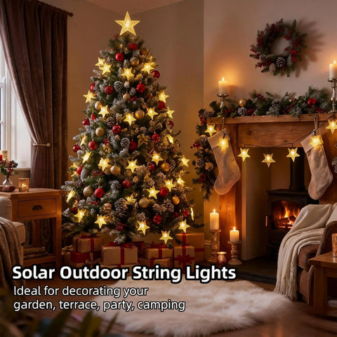 Solar Star String Lights 39Ft Outdoor Waterproof Fairy Lights With 100 LEDs, 8 Modes, Warm White Glow on a decorated tree indoors.