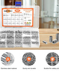 485 Pcs Set Screws Kit In 304 Stainless Steel With 14 Sizes M3 M4 M5 M6 M8 Head Socket Hex Cup Point Includes 5 Hex Wrenches And 1 Tweezer Durable Rust Resistant Gear For DIY And Pro Projects in open compartment case on wooden table