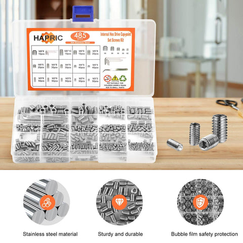 485 Pcs Set Screws Kit In 304 Stainless Steel With 14 Sizes M3 M4 M5 M6 M8 Head Socket Hex Cup Point Includes 5 Hex Wrenches And 1 Tweezer Durable Rust Resistant Gear For DIY And Pro Projects in open compartment case on wooden table