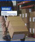 Person using heavy duty steel hand truck with 600 pound capacity and 10 inch flat free tires in a warehouse setting