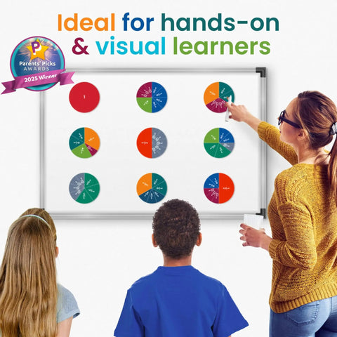 Children using Magnetic Fraction Tiles And Circles Set For Kids, 180 Pieces, Hands On Fraction Learning System on a whiteboard.