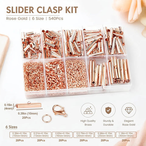 All Size Slider Clasp Jewelry Making Kit In Rose Gold showing 6 sizes of tube ends, jump rings, claws, in a compartmented box.