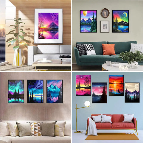 12 Pack Diamond Painting Kits for Adults 5D Diamond Art Paint By Number for Beginners With Round Full Drill Diamonds DIY Craft Kit Includes Drill Pen Wax Grooved Trays No Fuss Easy Start Waterproof HD Canvas 12x16 Inch Home Decor Gift displayed in living room settings