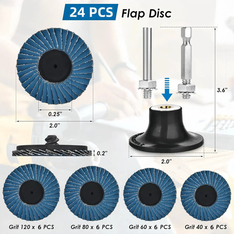 24 Piece Die Grinder Flap Disc Set With One Quarter Inch Shank, 2 Inch Roll Lock Discs In Grit 40 60 80 120, Pro Grade Metal Grinding