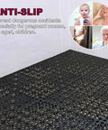 Close-up of 12 Pack 12 Inch Interlocking Rubber Flooring Tiles For Bathroom And Outdoor Use Non Slip Shower Mat Pool Deck Patio Balcony Kitchen Yard Black Durable Anti Slip Cushioned Mats That Snap Together For Easy Install with anti-slip text and safety images.