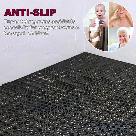 Close-up of 12 Pack 12 Inch Interlocking Rubber Flooring Tiles For Bathroom And Outdoor Use Non Slip Shower Mat Pool Deck Patio Balcony Kitchen Yard Black Durable Anti Slip Cushioned Mats That Snap Together For Easy Install with anti-slip text and safety images.