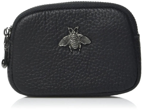 RFID Blocking Leather Card Holder For Women Tiny Zipper Wallet With Bee Accent Must Have Slim Compact Card Case Black Lite