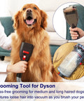 Dog Hair Vacuum Attachment For Vacuum Cleaners Pet Grooming Tool being used on a golden retriever, shows extension hose and adapter.