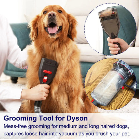 Dog Hair Vacuum Attachment For Vacuum Cleaners Pet Grooming Tool being used on a golden retriever, shows extension hose and adapter.