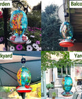 Blown Glass Hummingbird Feeder With 27 Oz Capacity For Outdoor Garden Decor Includes Ant Moat And Cleaning Brush Blue Fireworks Accent A Mom Friendly Gift For Women And Nature Lovers The Go To Backyard Bird Watching Accessory hanging in garden, balcony, backyard, and yard settings.